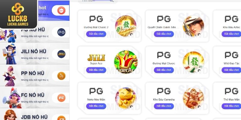Danh sách sản phẩm hấp dẫn của chuyên mục slot game Luck8 